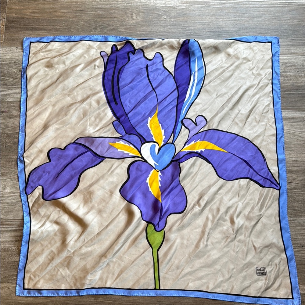 Floral Silk Scarf with Blue Iris Design